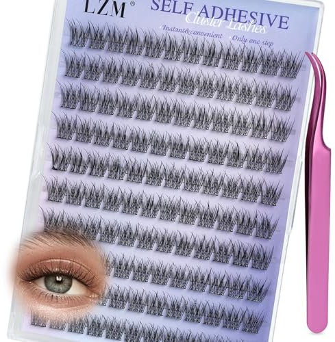 LZM Selbstklebende Wimpern C Curl 12mm Wimpern Mit Pinzette (QZD01 12mm) | 120Pcs Lash Extension Set wimpern selbstklebend Ohne Kleber Natürliche press on lashes