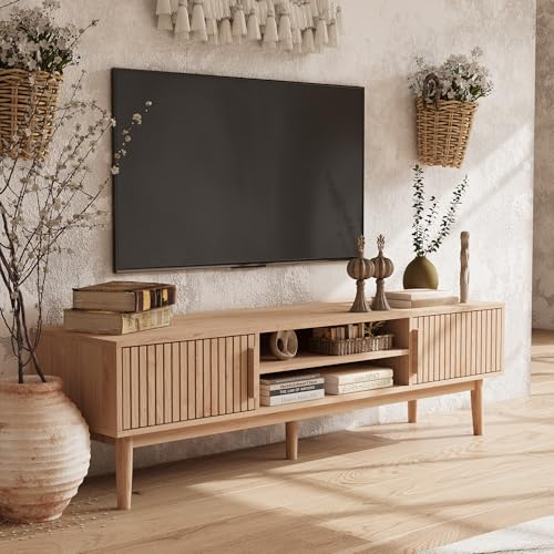 Boho-TV-Ständer, Lowboard für 55/60/65-Zoll-Fernseher, TV Schrank mit Geriffelter Tür und 2 Schränken,Fernsehschrank aus Holz mit Holzgriffen und Stützbeinen für Wohnzimmer,Natur Oak,150 x 40 x 48cm