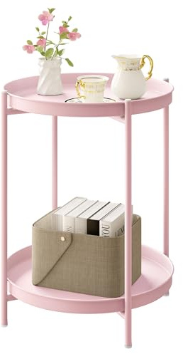 WOLTU Beistelltisch rund, Couchtisch mit Stauraum, 2 abnehmbare Tabletts | Metall,Balkontisch,Nachttisch,einfache montage,bis 20 kg,für Kaffee,für Wohnzimmer,Schlafzimmer ,Büro,Rosa