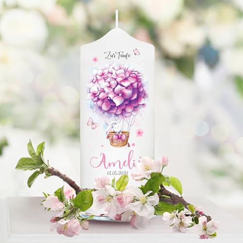 Wandtattoo Loft Taufkerze Mädchen personalisierte Patenkerze, Heißluftballon aus rosa Blumen, 18cm x 7cm, personalisierte Kerze, bedruckte Kerze Taufe, Stumpenkerze, Geburtskerze, Taufgeschenk