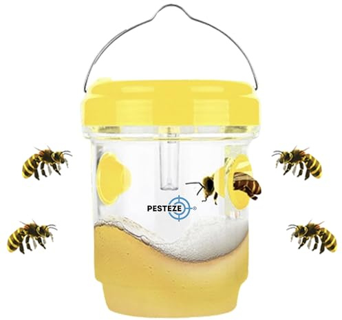 2 Pack PESTEZE Reusable Solar Hanging Wasp Trap with LED Light [Yellow: 3.5 X 4.4 Inch] Attracts, Catches Wasp, Hornet, Yellow Jacket & Insect Species 24/7 Waterproof