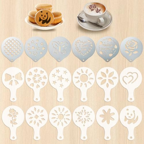 18 Stück Kaffeeschablonen, Cappuccino Schablonen aus Edelstahl und Kunststoff, Kaffee-Dekorationsschablone Kaffee Schablonen Kaffee Latte Art Schablonen für Kaffee Kuchen Dekorieren