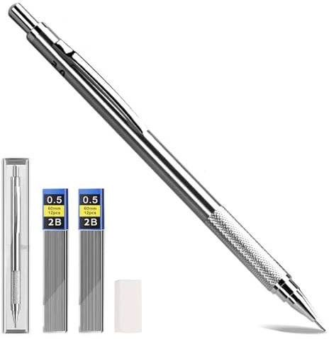 TopHomer 0,5 mm mekaniska metallpennor med 8 2B blypåfyllningar och 4 radergummi, perfekt för att skriva, rita och skissa
