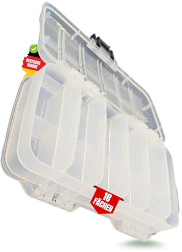 Zite Fishing Doppelseitige Tacklebox | 18 Fächer für Metallköder | Spinner & Spoons | Angelbox mit stabilem Verschluss & transparentem Deckel | 23 x 13 x 6,1 cm | Für Barsch, Hecht, Zander,