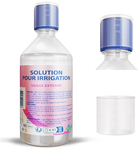 NaCl 0,9 500 ml, solución salina isotónica fisiológica estéril para limpieza de la nariz del bebé, solución salina para la nariz y los ojos, con boquilla estéril, vaso medidor de 20 ml incluido