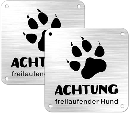 TAKULA Vorsicht Freilaufender Hund Schild 10x10cm, 2 Stück Selbstklebend | Gebürstetes Metallschild. Warnt vor frei laufenden Hunden. Wetterfest und langlebig. Ideal für Gärten, Zäune und Tore.