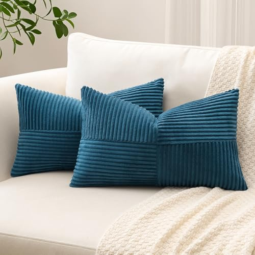 Sungeek Lot de 2 Housse de Coussin 30x50 cm en Velours Côtelé, Housse Coussins Patchwork à Rayures Croisées Doux Taies d'oreiller Décoratives pour Lit Canapé Chambre Salon, Bleu Poussière