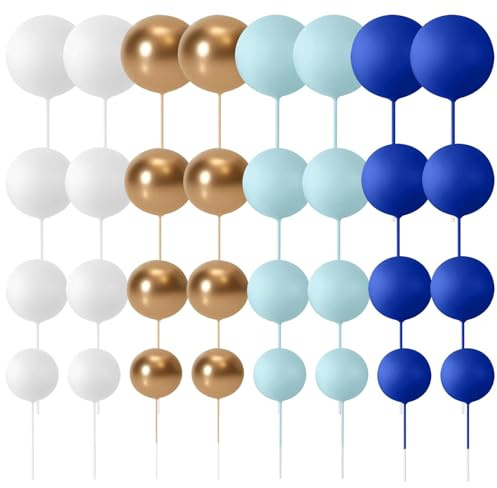 32 Pcs Ball Cake Topper Decorations, Balloons Cake Topper Sticks, 4 Sizes Foam Balls Cakes Decorations for Wedding, Party, Birthday Cakes Decorating(COLOR:Blue, Gold)
