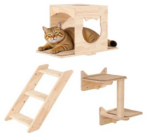 MIUZMORE Set med vägghyllor – väggmonterade kattmöbler med hus, klösstolpe i sisal, klättringssteg – massivt trä katt klättervägg för inomhuskatter, platsbesparande design
