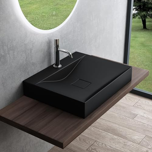 Mai & Mai Waschbecken Hängewaschbecken Aufsatzwaschbecken Mineralguss Schwarz Matt 1 Armaturenloch Rechteckig Breite: 60 cm Col810
