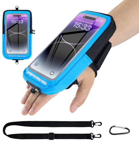 Fascia Bracciale PortaCellulare 4-in-1 con Moschettone, per Braccio/Polso/Zaino, per Running, Corsa, Ciclismo, Trekking. Compatibile con iPhone 16/15/14 Pro Max Samsung Galaxy fino a 6.8 (Blu)