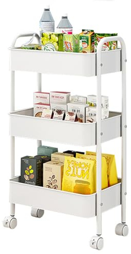 Metal material storage cart, 3-tier trolley cart on wheels, storage trolley , equipped with additional hanging cups and hooks, suitable for kitchen, bathroom, office, living room (3 tier White)