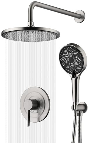 sumerain Concealed Shower Faucet Sets with 10 inch Rainfall Shower Head, Brushed Nickel Shower Fixtures with Rough-in Valve and Trim Kit