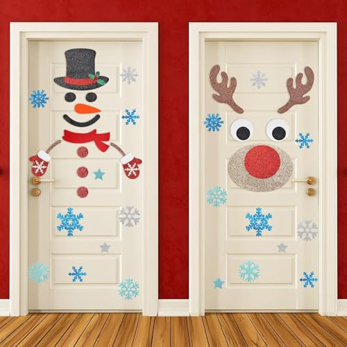 UPINS Weihnachtstürdekoration, Weihnachtsaufkleber – Glitzernder Schneemann, Elch, Schneeflocke, Dekor für Türen im Innen- und Außenbereich, Wände, Kühlschrank, Auto, Garagentor, Weihnachtsparty-Zubeh