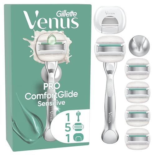 Gillette Venus Pro ComfortGlide Sensitive Rasoio Da Donna Con Un Tocco Di Aloe, 5 Lamette Di Ricambio, Manico In Metallo Riutilizzabile, Gancio Per Doccia E Copertura Da Viaggio Pezzi