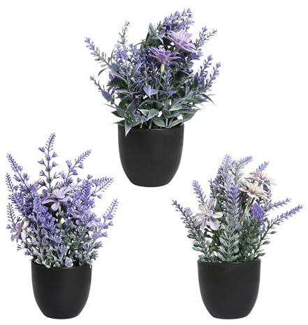 Rieoany 3 Pcs Piante Finte Da Interno, Mini Lavanda Pianta Finta Da Interno, Plastica Piantine Finte Decorative Con Vasetto, Adatto Per Casa, Ufficio, Tavolo, Bagno E Decorazione D'Interni (Viola)