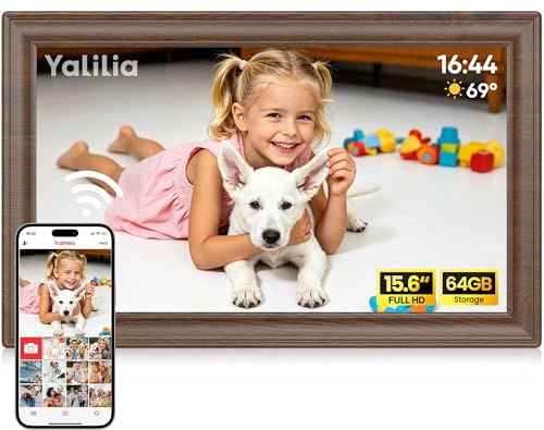 Frameo Cadre photo numérique 15,6  64 Go Grain de bois – FHD 1920 x 1080P IPS Écran tactile Cadre photo numérique Auto Rotation Cadre photo électronique Partagez des photos/vidéos instantanément