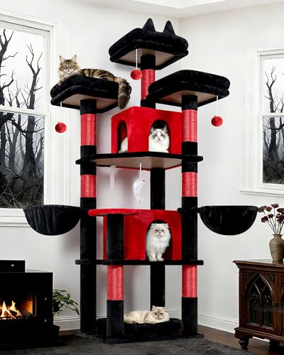 Globlazer F68B Kratzbaum mit 3 Sitzstange 2 Höhle Katzenbett für 2/3 Katzen | Stabil Katzenbaum Schloss Leichter Aufbau mit Loungebereich Kratzfläche, Aktivitätskratzbäume für Katzen Ruhen Krallenwetzen