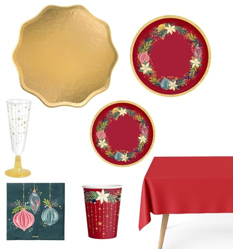 OH YEAH - Kit Vajilla Navidad 12 Personas Ornaments - 82 Piezas - Platos, Vasos, Servilletas Desechables - Decoración Mesa Navideña - Diseño Ornamentos y Flores - Celebraciones de Navidad