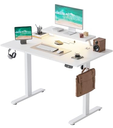 Agilestic elektriskt höjdjusterbart skrivbord, 120 x 60 cm med rörligt bildskärmstativ, LED-ljuslist och USB-port, ståbord med 3-delad bordsskiva, datorbord, vitt