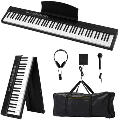 Glarry 88 Key Folding Digital Piano Full Size Electric Keyboard with Semi-Weighted Keys, Portable Keyboard Piano Set With Sustain Pedal, Headphones, MIDI Bluetooth, Black