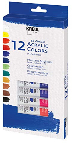 KREUL 28250 - El Greco Acrylfarben, 12 x 12 ml, glänzende, hochpigmentierte Acrylfarbe in Studienqualität, buttrig vermalbar, für pastose Malerei