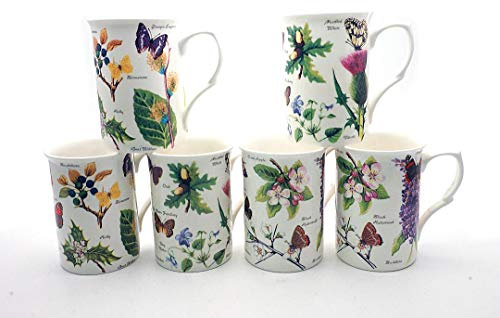 SET OF 6 FINE BONE CHINA WOODLAND BUTTERFLY MUGS