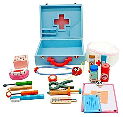 TikTakToo Kinder Arztkoffer mit Zubehör aus Holz Doktorkoffer Doktorset Spielzeug blau