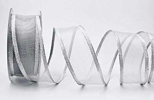 finemark Dekoband Vancouver 20 m x 40 mm Silber mit Draht transparent glänzend metallic Geschenkband Schleifenband Weihnachtsband