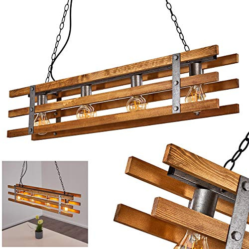 HOFSTEIN Pendelleuchte Mallard, Hängelampe aus Holz/Metall in Braun/Silber, 4-flammig, 4 x E27 max. 28 Watt, Höhe max. 152,5 cm, längliche Hängeleuchte im Retro/Vintage-Design, Esszimmer - Küche