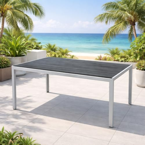 Mojawo XL Aluminium Gartentisch Silber/Grau Esstisch Gartenmöbel Tisch Non Wood Holzimitat wetterfest 180x90x74cm
