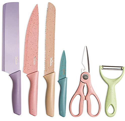 La Moustache - Cuchillos de Cocina Profesionales, Tijeras y Pelador【6 Piezas】 Set de Chef Antiadherente de Acero Inoxidable | Juego Ergonómico para Cortar Pan, Frutas, Verduras y Carnes (Multicolor)