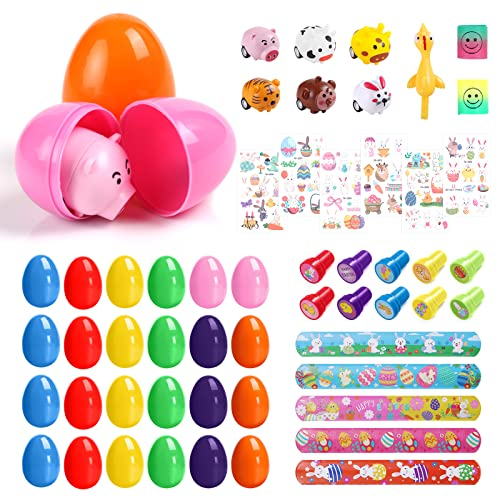 24 Pcs Toy Filled Easter Eggs, Easter Egg Hunt Kit Colourful Surprise Plastic Easter Eggs with Slap Bands/Easter Stamps/Car Toys/Tattoos Stickers for Kids, Basket Stuffers Fillers, Classroom Gifts