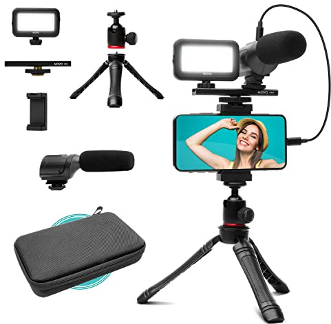 Movo uVlogger - Kit de Vlogging Compatible Android/USB-C/iPhone 15 : Trépied pour téléphone, Support de téléphone, Lumière LED, Microphone Shotgun - Kit de démarrage Youtube et créateur de Contenu