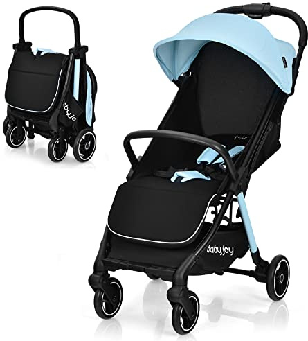 GOPLUS Zusammenklappbarer Kinderwagen, Buggy mit Verstellbarer Rückenlehne & Fußstütze & Bremse, 5-Punkt-Gurt, Einhändiges Sammeln, Vordach mit Fenstern, Aufbewahrungstasche, für 0-3 Jahre (Blau)