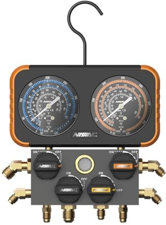 NAVAC N4A4H Krümmer-Messgerät, Klasse 1.0 Genauigkeit, schlagfestes HVAC-Messgerät, Aluminiumgehäuse und Gummiabdeckung, leicht ablesbares Analogdisplay, 4 Ventile, mit Schläuchen