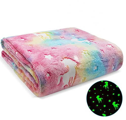 Ranedo Kuscheldecke Kinder 190cmx150cm, Leuchtet im Dunkeln Einhorn Muster Flanell Fleece Decke, Urlaub Geburtstagsgeschenke für Mädchen,Rosa