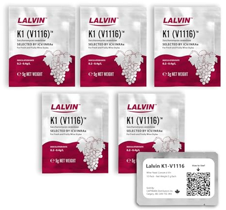 Lalvin Weinhefe K1-V1116 (5 PK) - Verkauft von CAPYBARA Distributors Inc. | Für Wein, Cider, Met und Kombucha zu Hause, 5-g-Beutel, Saccharomyces cerevisiae