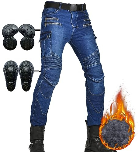SHUOJIA Pantalones de moto,Vaqueros de moto para hombres,Pantalones de moto para de invierno al aire libre con forro polar térmico,con pantalones vaqueros con armadura extraíble (Blue-2,L=W35.4/90cm)