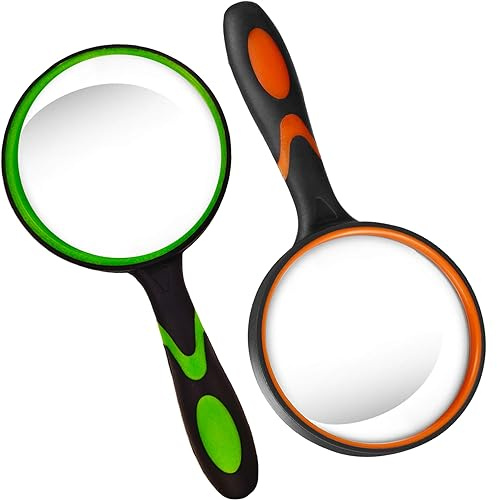 2PCS Lupe Groß 80mm, Handlupe 10X Echtglas-Lupe für Senioren Kinder, Weicher Hand-Schaft Lupen Buchlesen, Insekten- und Hobbybeobachtung, Unterrichtswissenschaft (Grün und orange)