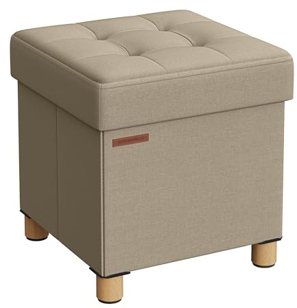 SONGMICS Sitzhocker mit Stauraum, klappbare Sitzbank, 38 x 38 x 40 cm | Fußbank, Aufbewahrungsbox, bis 300 kg belastbar, Hellbraun, MELISA Kollektion LSF014K11