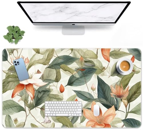 Britimes Großes Mauspad im Vintage-Stil, botanisches Blumenmuster, rutschfeste Blume, grünes Blatt, Schreibtischunterlage für Tastatur und Maus, Gaming-Mauspad für Spiel, Büro und Zuhause, 80 x 40 cm