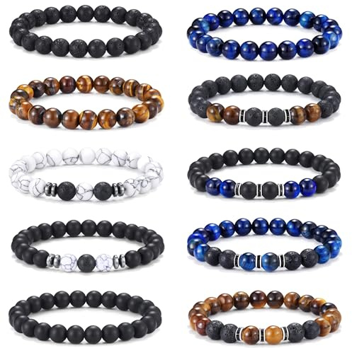 Jewdreamer 10PCS Tiger Eye Bracelet For Men 8MM Natural Stone Beads Bracelet Set Stretch Lava Rock Bracelets Adjustable Black Crystal Beaded Bracelet for Men Women Gifts