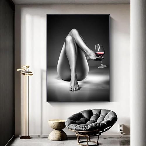 BMGKYAGL Schwarz-weiße Wandkunst, Leinwandgemälde mit Frau und Weinglas, Poster und Drucke mit sexy Mädchen, ästhetisches Bild, Heimdekoration für Schlafzimmer, 50 x 70 cm, rahmenlos