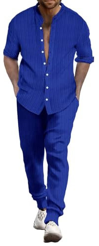 Junger Herrenanzug Slim Fit Herren Sommer Atmungsaktiv Zwei gerollte Ärmel Hemd Hose Set Herren Sportbekleidung Herren Zweiteilige Sportbekleidung, blau, XXL