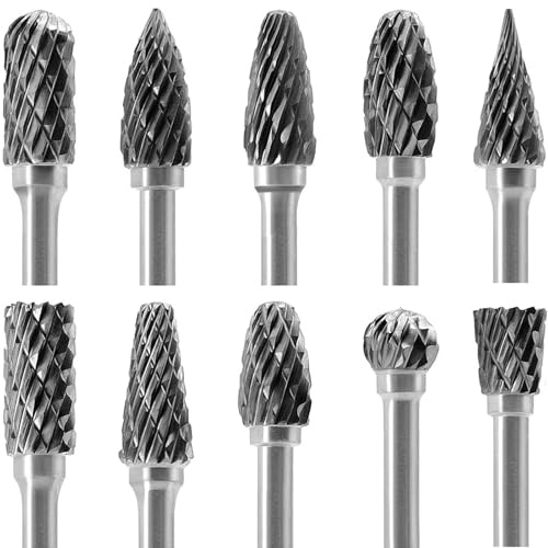10 Pcs Tungsten Carbide Steel Double Cut Rotary Burrs Set with 3 mm Shank, Carbide Die Grinder Bits for DIY Wood Carving, Metal Polishing, Engraving, Drilling