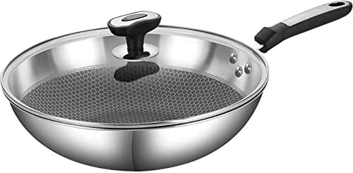 GUHPZA Padella Wok, Padella Wok Pentola in Acciaio Inox Coperchio in Vetro Pentola Antiaderente Pentola per Uso Domestico in Acciaio Inox Non Rivestita Pentola per Cottura a Induzione Pentole