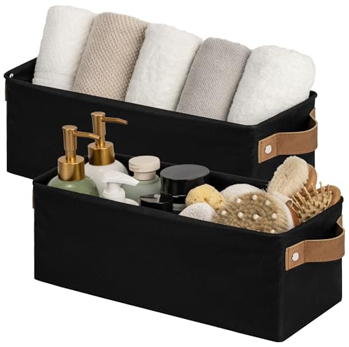 StorageWorks schmaler Aufbewahrungskorb Stoff, faltbarer Badezimmer Organizer zum Ordnen, lange Aufbewahrungsbox mit Griffen, Ordnungsboxen für Regal, Kleiderschrank, schwarz, 2 Stück