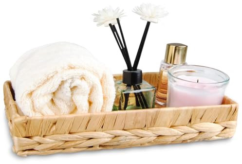 PENGARO Badezimmertablett Rechteckig, Natural Rattan Tablett Dekoschale Schminktisch Kosmetik Tablett Organizer, Baddeko Tank Toilettenbehälter Aufbewahrungskorb für Gewebe Decor, Rattan-Yellow