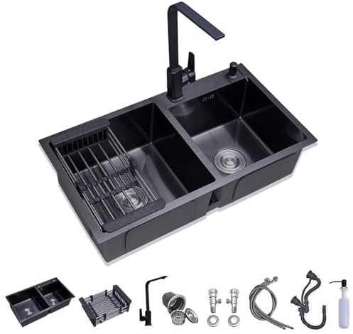 Black Double Bowl Kitchen Sink Stainless Steel Sink Topmount Undermount Handmade Kitchen Sink Workstation Kitchen Sink with Drain Tray Prep Sink Double Bowl 2-Holes Kitchen Sink for Restaurant